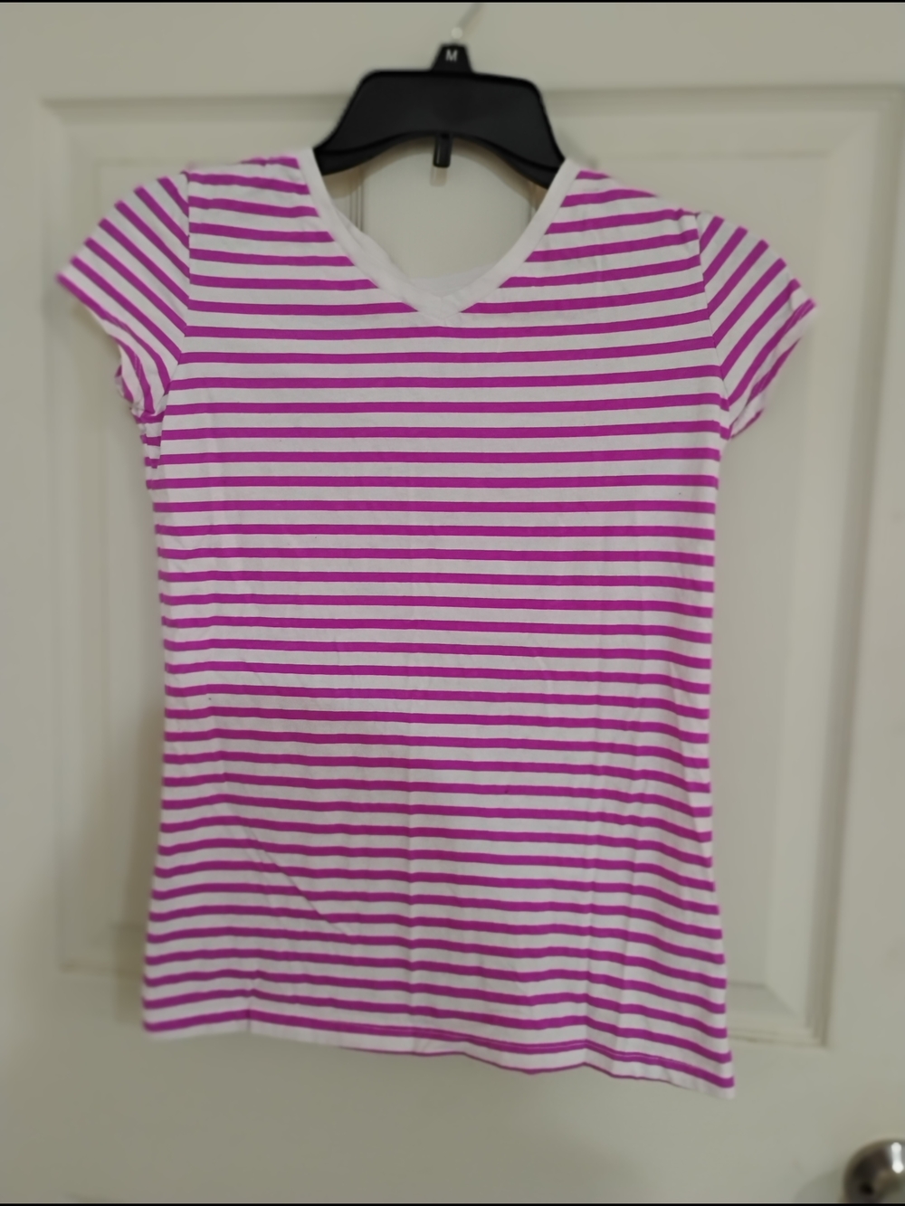 Cherokee White and Pink Striped V-Neck Tee